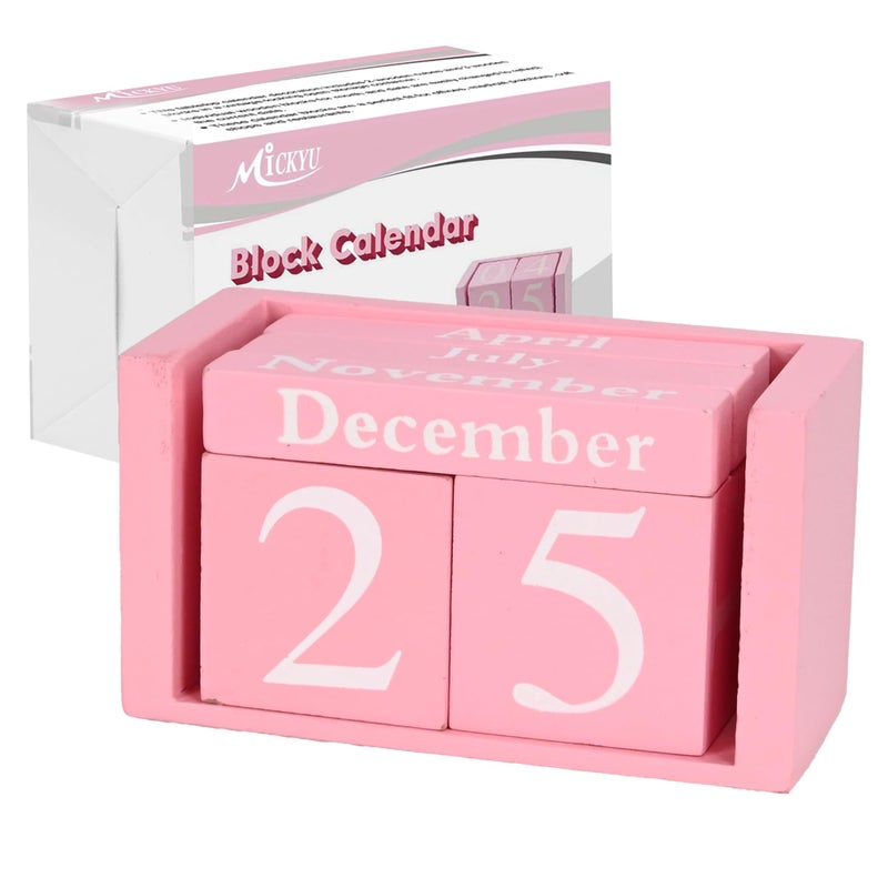 MICKYU Perpetual Wooden Desk Calendar - Pink Farmhouse Decor Block Calendar for Office, Home & Gifts - Reusable Daily Date Display - Image 1